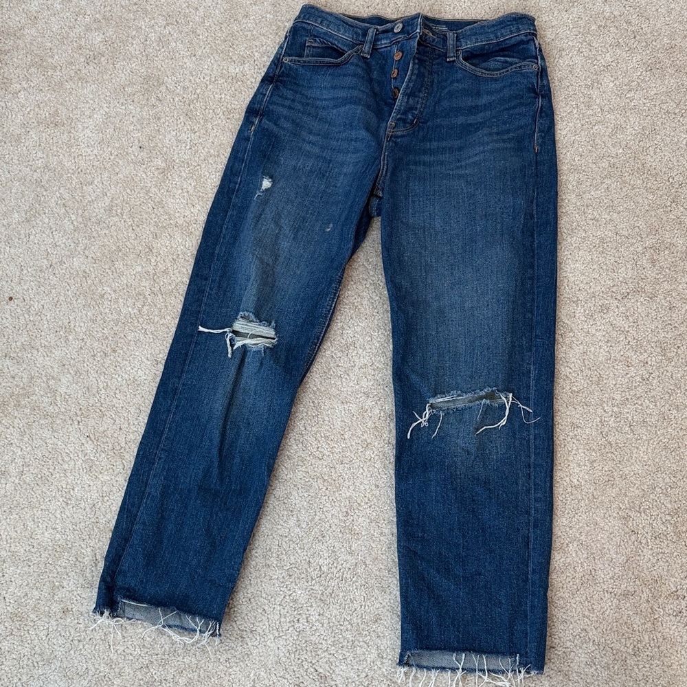 Old Navy Extra High Rise Sky-Hi Straight-Smooth Pockets Dark Blue Jeans